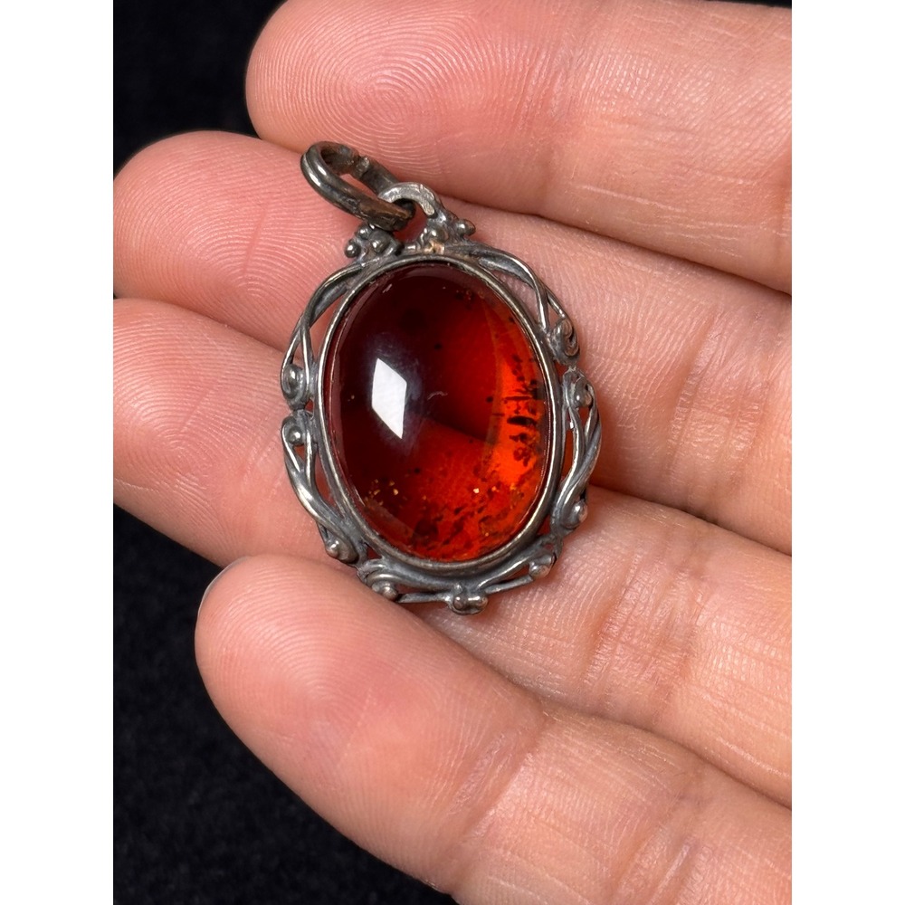 Vintage Sterling Silver Amber Pendant Ornate Filigree Oval Cabochon Estate